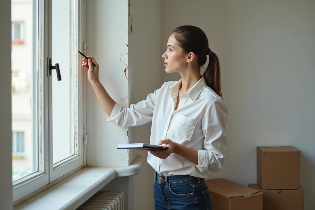 Jeune femme inspectant la peinture écaillée dans un appartement