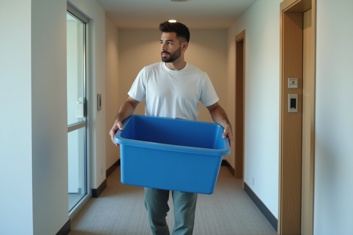 Jeune homme portant une caisse de déménagement dans un couloir moderne