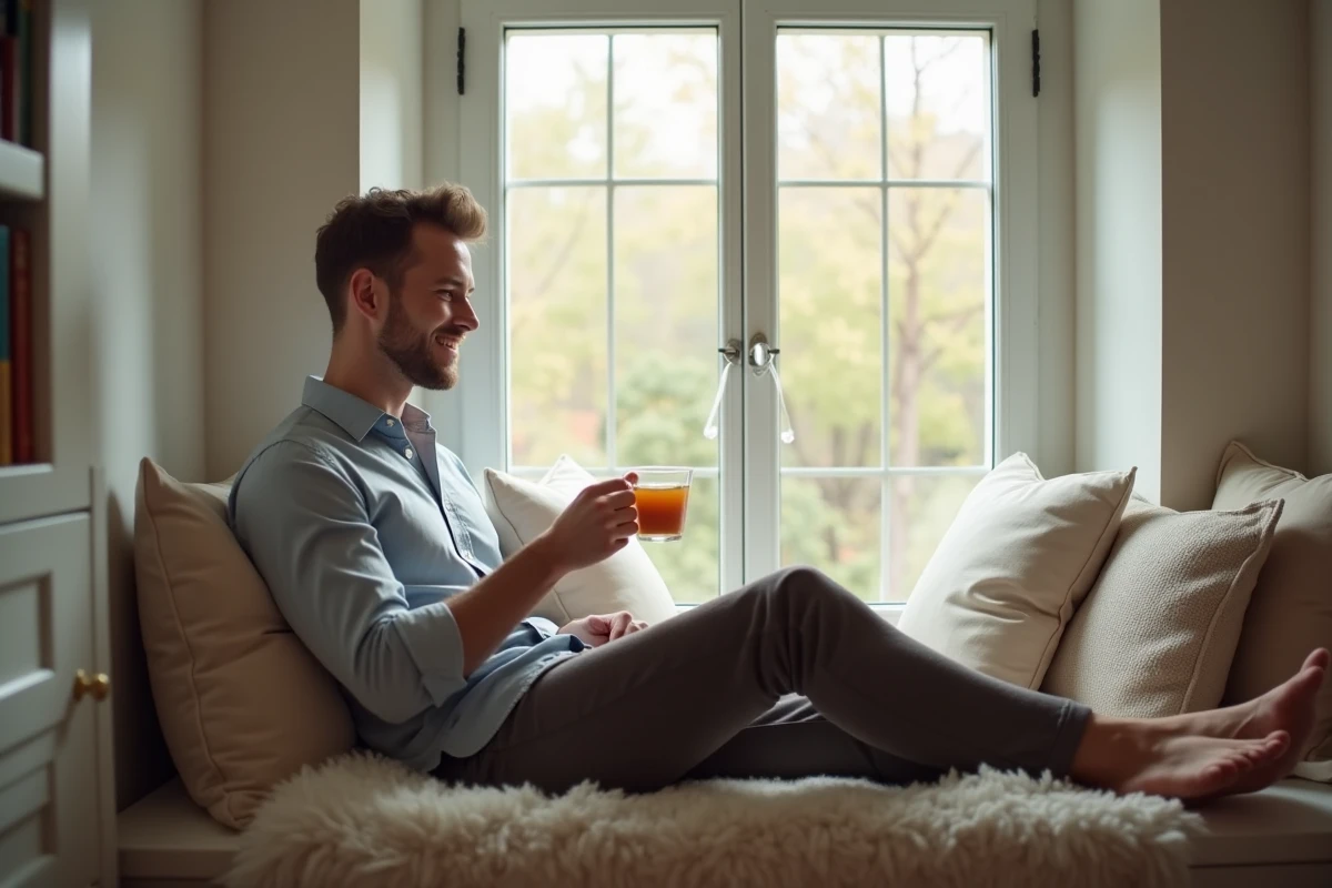 Jeune homme souriant dans un coin bureau cosy