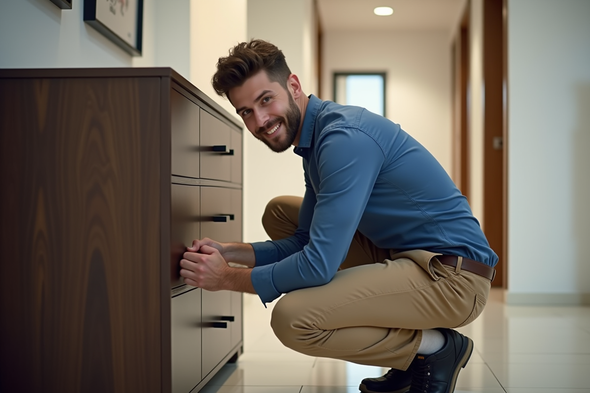 Jeune homme ajustant un stoppeur sur un meuble dans un couloir