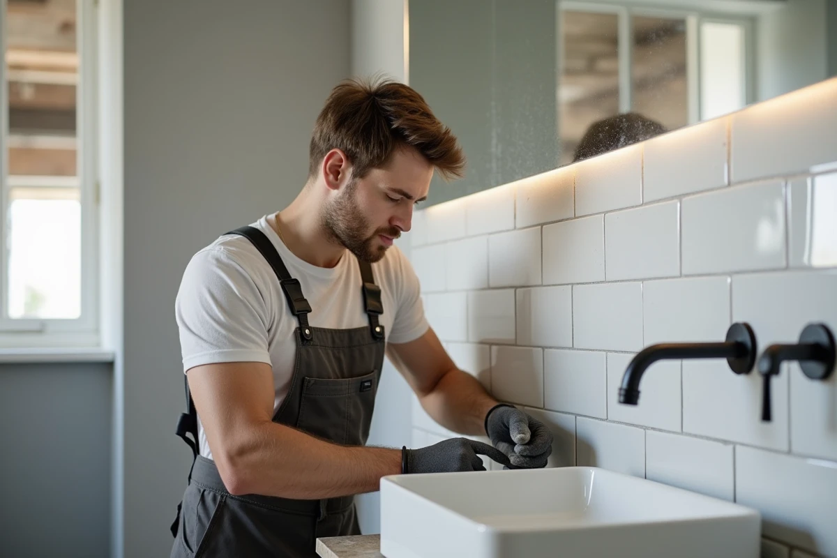 Jeune homme pose du carrelage blanc dans une salle de bain moderne