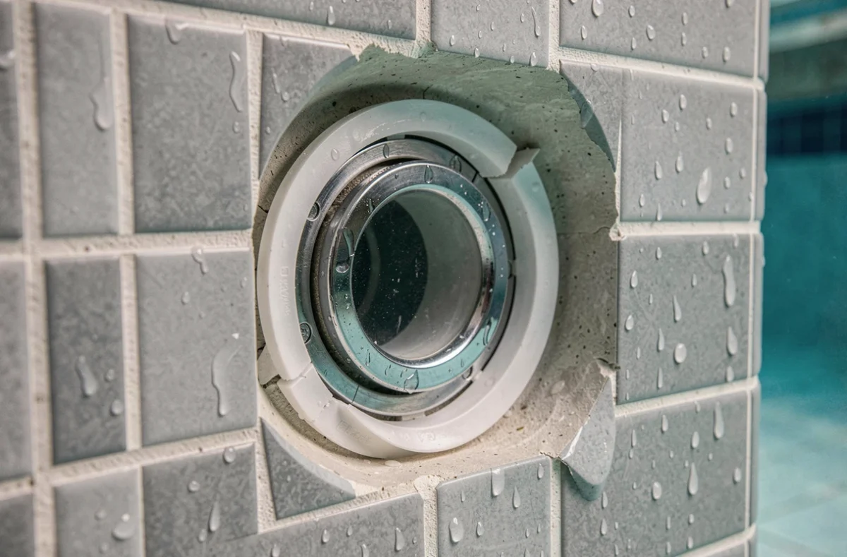 Gros plan sur un joint de raccord étanche mal positionné autour d'un projecteur de piscine encastré