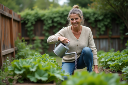 Femme d'âge moyen arrosant son jardin potager avec un arrosoir