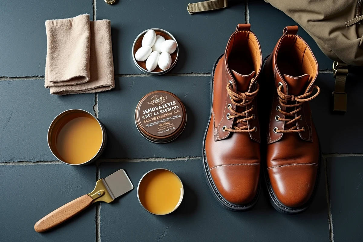Vue de dessus d'un kit d'entretien pour chaussures de randonnée en cuir avec graisse et accessoires sur ardoise