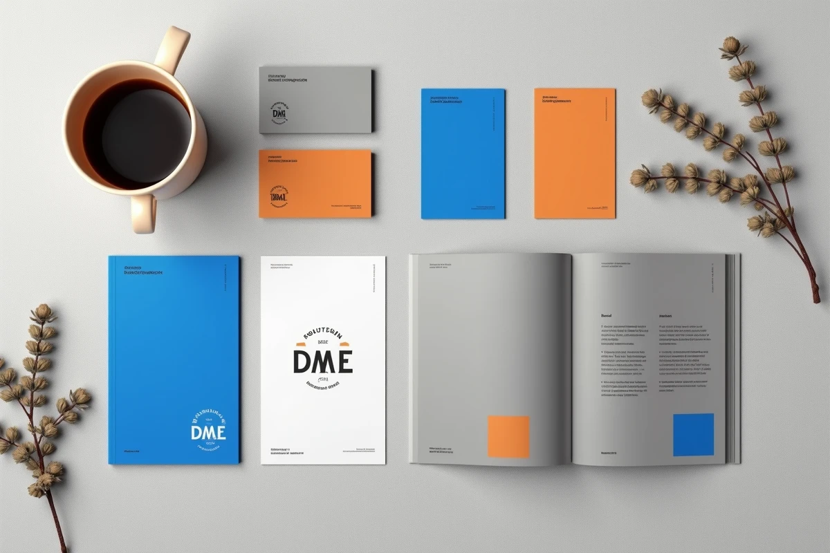 Kit d'identité de marque imprimé en bleu électrique et orange ambre complémentaire, disposé à plat sur un fond en lin gris