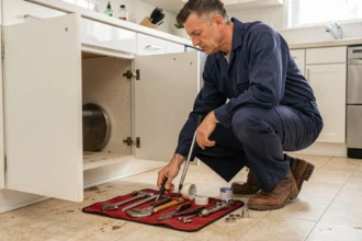 Plombier professionnel organisant un kit d'outils complet pour intervention d'urgence sous un évier de cuisine moderne