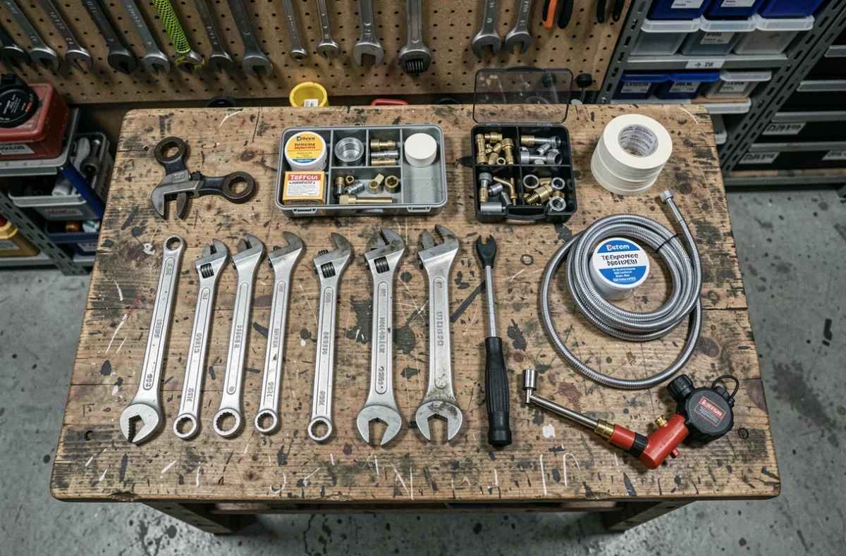 Vue à plat d'un kit plombier d'urgence complet avec clés, raccords et accessoires sur un établi de garage