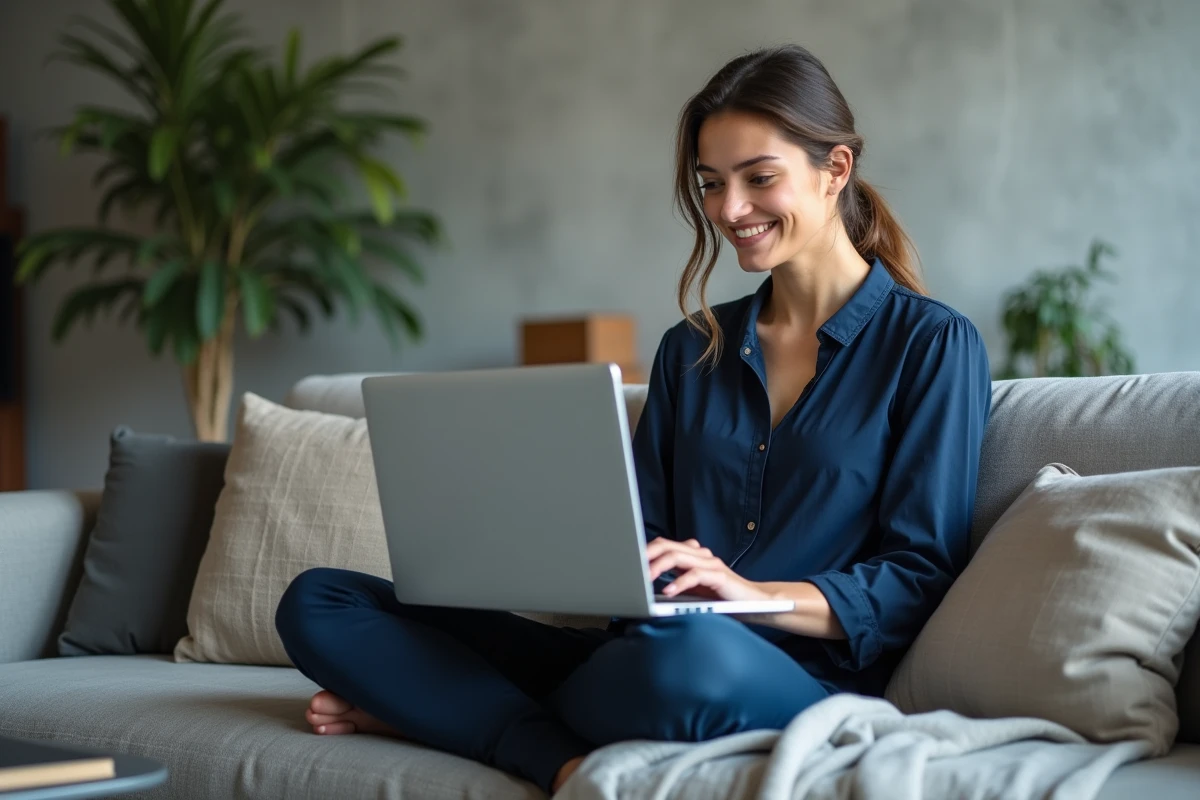 Femme vérifiant la configuration requise pour Kosikasa sur son ordinateur portable depuis son canapé