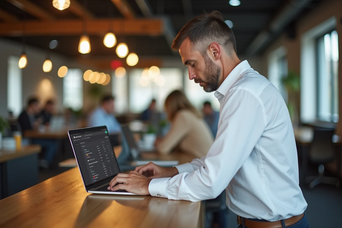 Professionnel debout dans un espace de coworking comparant les configurations minimales pour utiliser Kosikasa