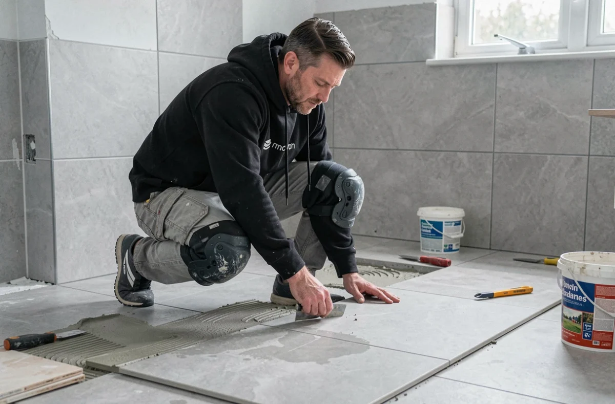 Spécialiste de Krydor posant des carreaux grand format dans une salle de bain rénovée d'une maison normande en Seine-Maritime
