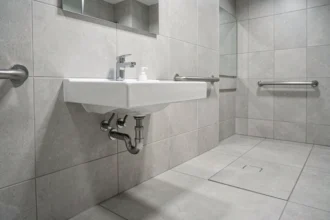 Lavabo accessible en fauteuil roulant avec espace libre en dessous et barres d'appui dans une salle de bain PMR moderne