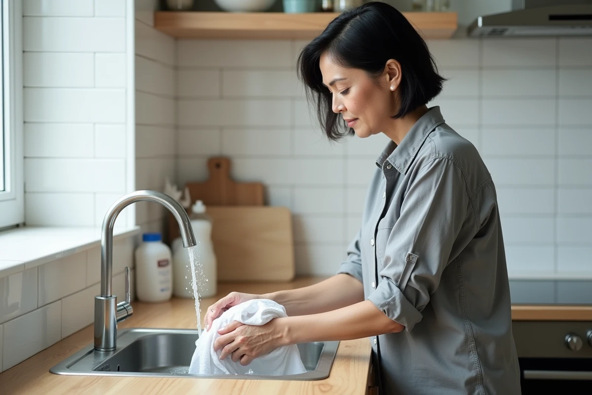 Femme lavant à la main un linge blanc devenu gris dans un évier de cuisine avec du vinaigre blanc et du bicarbonate