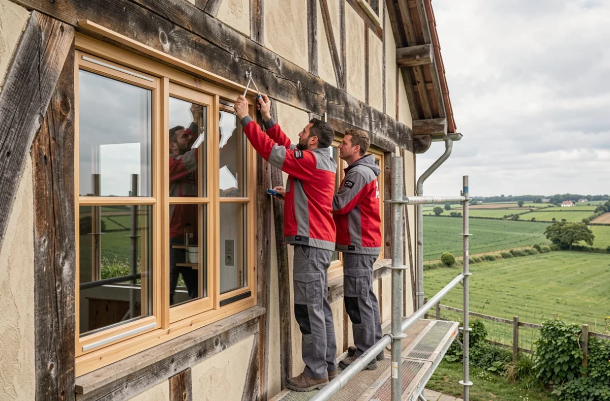 Deux artisans des 2 R installant des fenêtres en bois double vitrage sur la façade d'une maison normande à colombages en Seine-Maritime