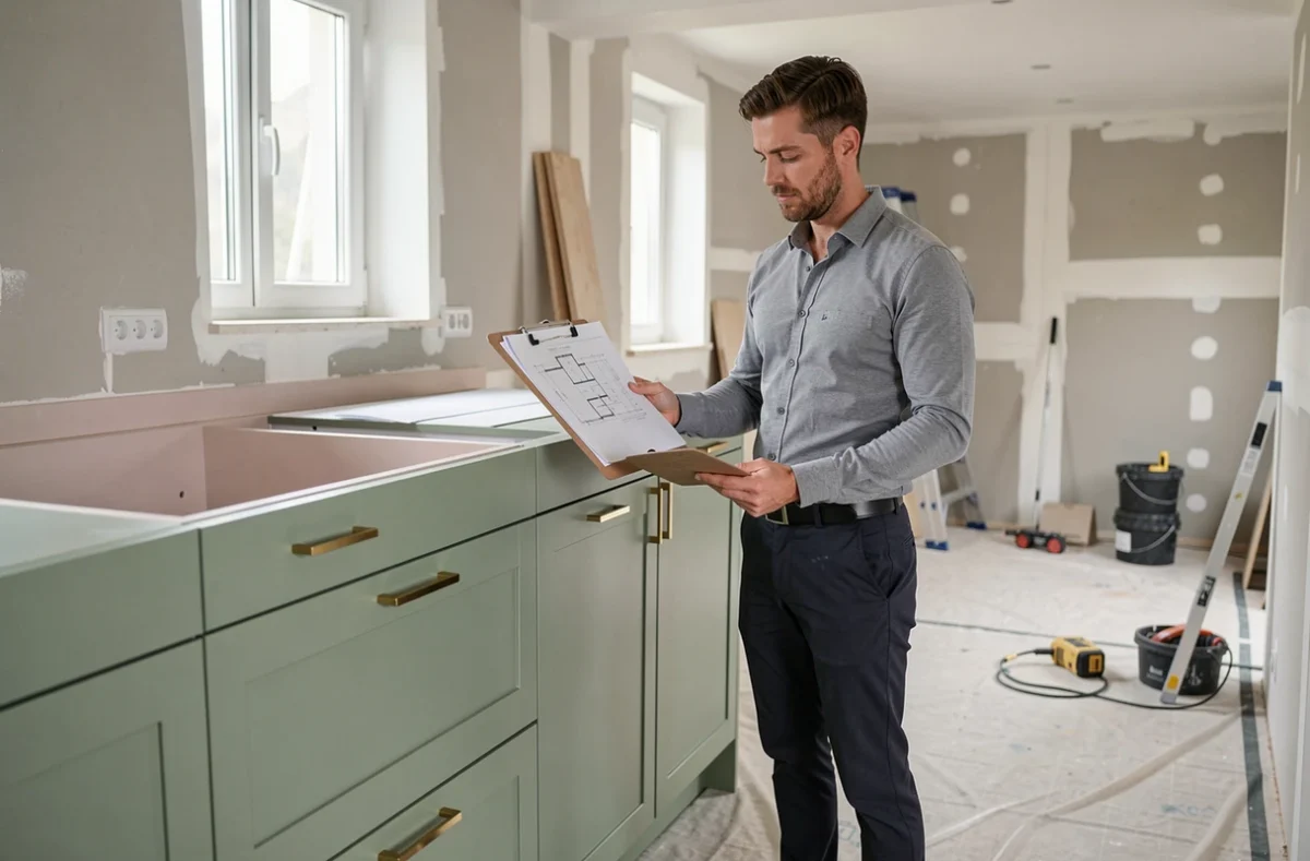 Designer d'intérieur LK Design sur chantier à Illzach, supervisant l'installation d'une cuisine sur mesure en vert sauge avec quincaillerie en laiton