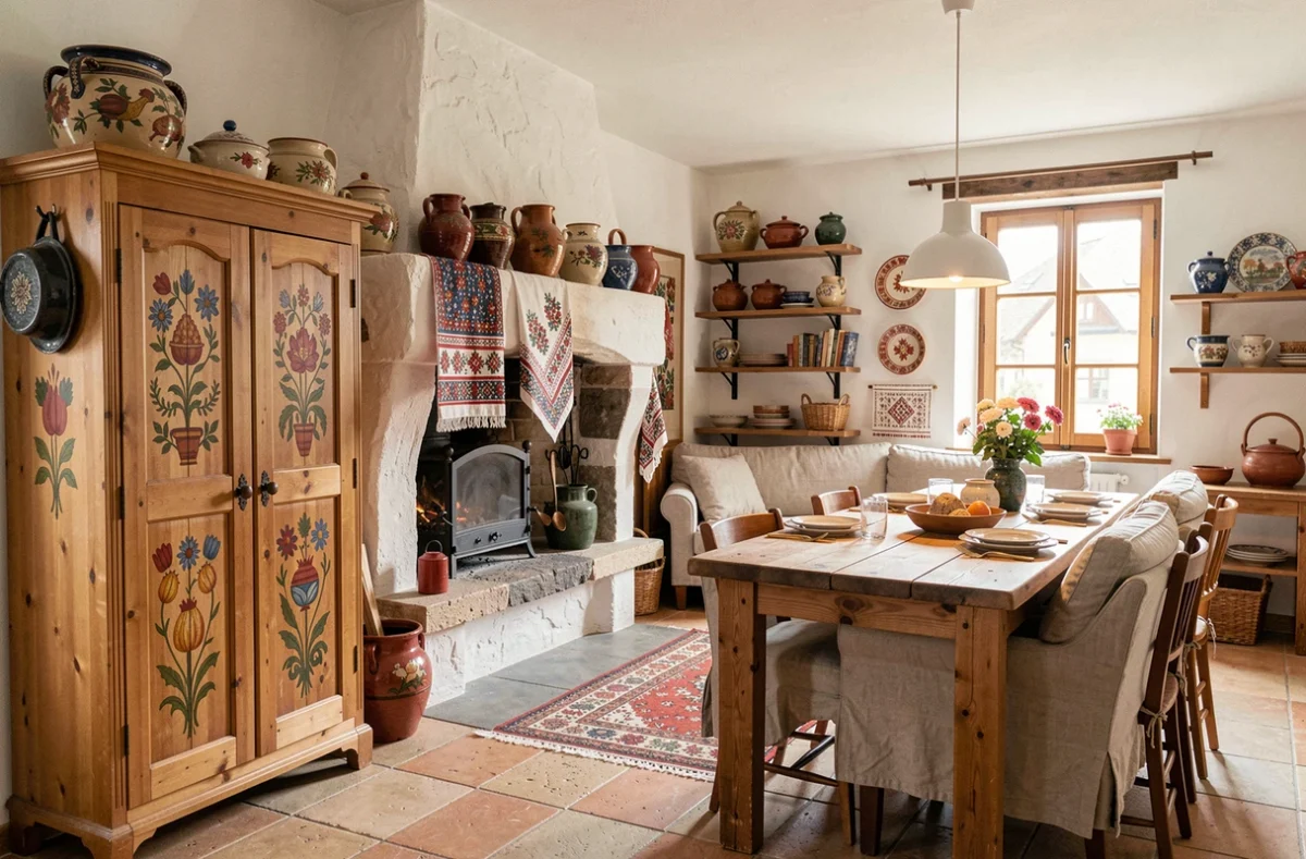 Intérieur de maison alsacienne décoré par Ma Maison en Alsace à Eguisheim, avec armoire peinte, textiles brodés et poteries régionales