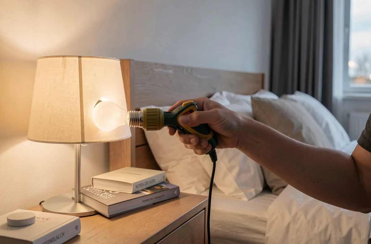 Main qui installe une ampoule connectée sur une lampe de chevet