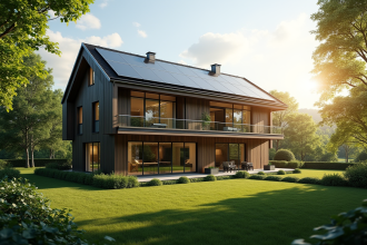 Maison bioclimatique moderne avec grandes fenêtres ensoleillées