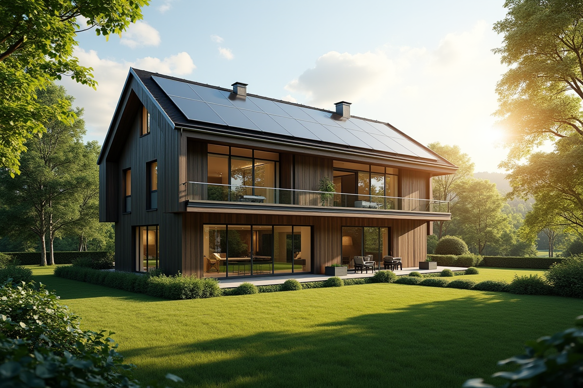 Maison bioclimatique moderne avec grandes fenêtres ensoleillées