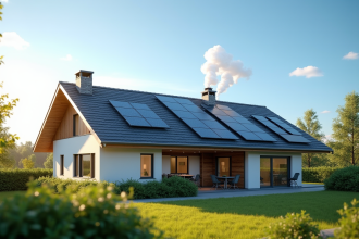 Maison familiale moderne avec panneaux solaires sur le toit