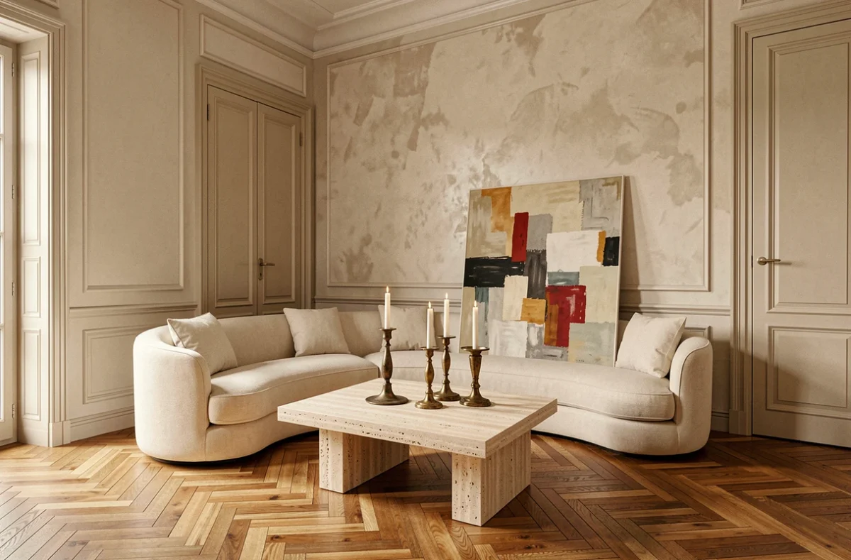 Salon aménagé par Maison Marga avec canapé courbe, table en travertin et œuvre d'art contemporaine