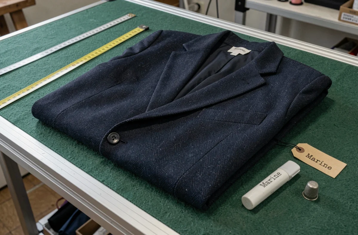 Veste blazer bleu marine plié sur une table de couturière avec une étiquette Marine et des outils de tailleur