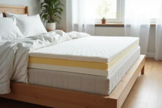 Matelas en coupe transversale montrant les couches de mousse, latex et ressorts hybrides dans une chambre scandinave moderne