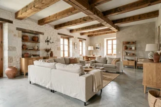 Intérieur alsacien rénové alliant poutres apparentes, mobilier contemporain et matériaux régionaux pour illustrer les meilleurs architectes d'intérieur du Haut-Rhin