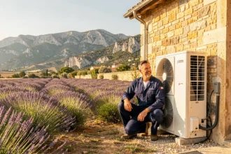 Technicien professionnel installant une pompe à chaleur sur une maison en pierre en Provence-Alpes-Côte d'Azur