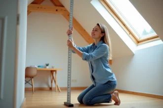 Femme mesurant une grande fenetre de toit dans un grenier lumineux