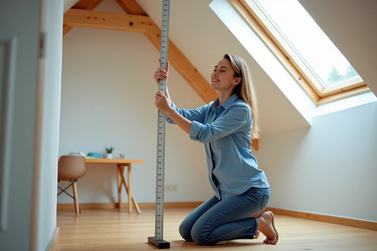 Femme mesurant une grande fenetre de toit dans un grenier lumineux