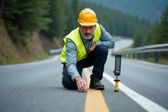 Ingénieur civil mesurant la pente d'une route de montagne avec un inclinomètre numérique