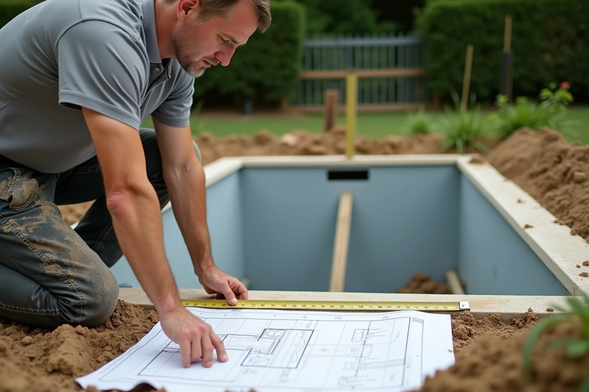 Entrepreneur mesurant les dimensions d'une piscine enterrée en construction pour respecter les seuils d'imposition fiscale 2026