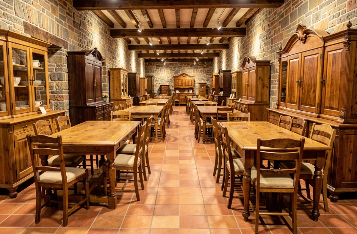 Showroom Meubles Jung avec tables et chaises en bois massif artisanaux dans un cadre alsacien