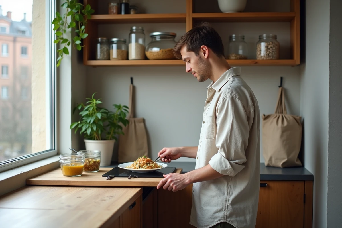 Étudiant cuisinant dans une mini-cuisine éco-responsable avec rangements optimisés en studio