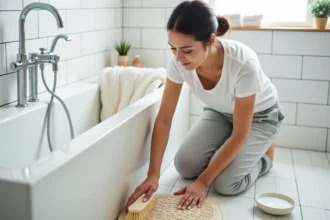 Femme nettoyant un tapis antidérapant de bain avec une brosse douce dans une salle de bain moderne