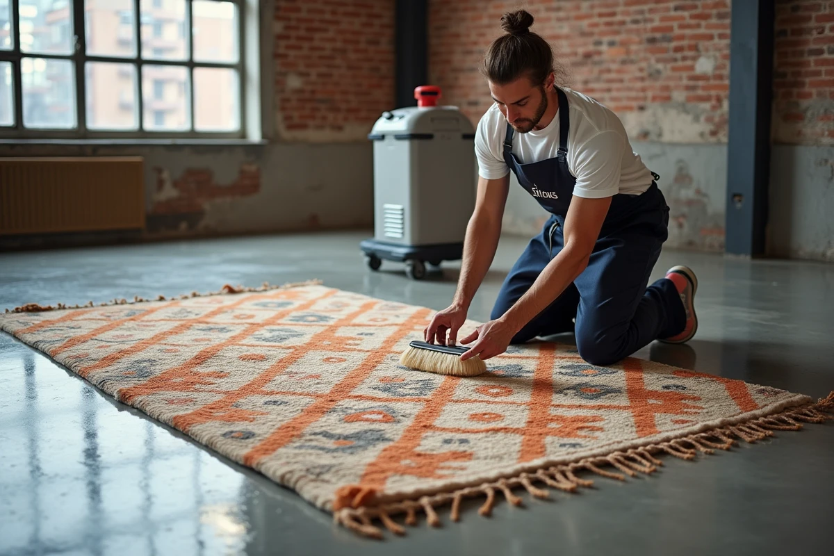Technicien appliquant un traitement à sec sur un tapis berbère géométrique dans un studio urbain