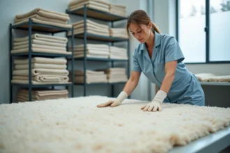 Technicienne inspectant un tapis en laine crème dans un atelier de nettoyage à sec professionnel