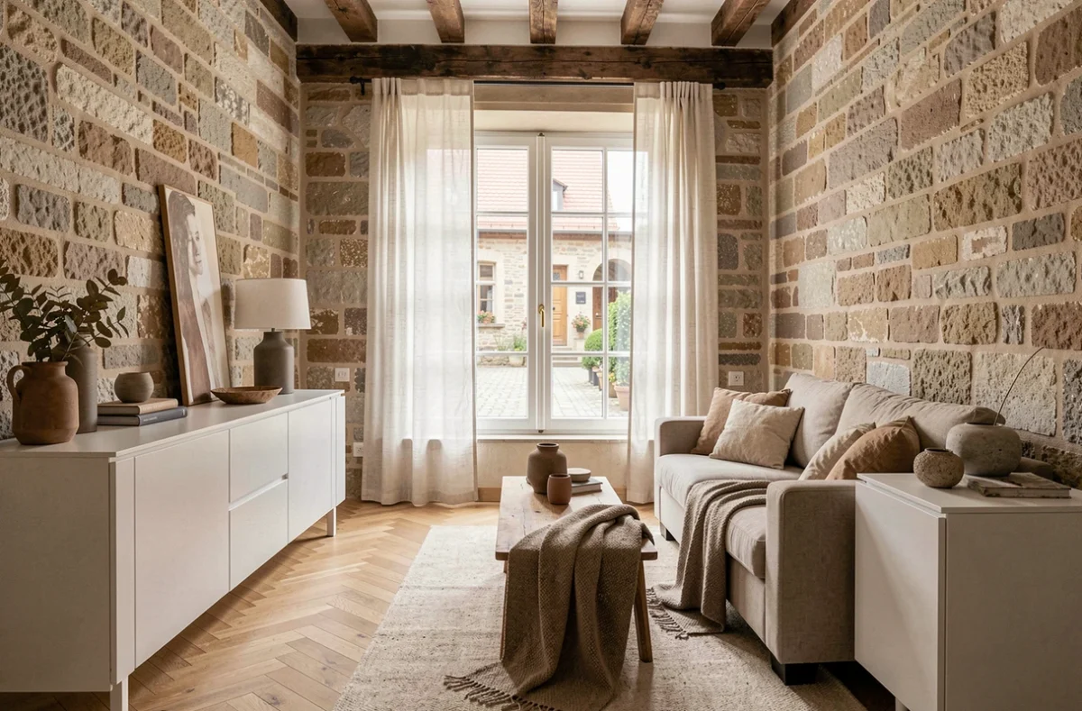 Appartement alsacien rénové à Colmar par Notes de Styles, mêlant pierre apparente, parquet clair et décoration contemporaine