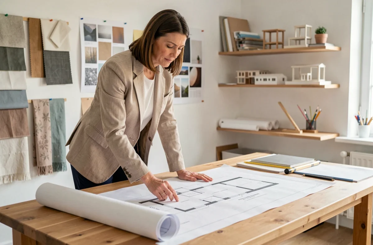 Architecte d'intérieur féminine étudiant des plans de maîtrise d'oeuvre dans le studio Notes de Styles à Mulhouse
