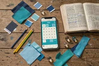 Arrangement de nuances de bleu autour d'un jeu de mots sur smartphone, avec crayons, échantillons de peinture et dictionnaire ouvert