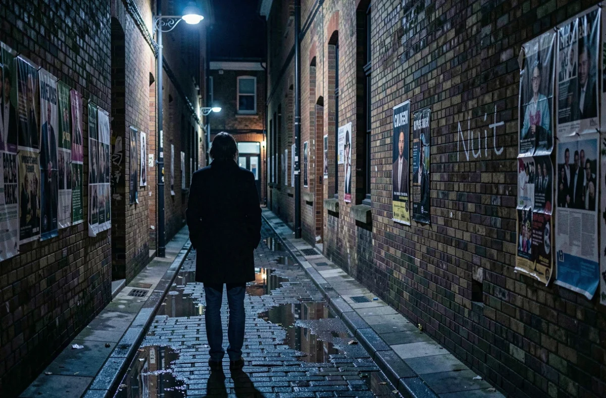 Ruelle urbaine nocturne aux tons bleu profond avec inscription Nuit à la craie sur un mur de briques