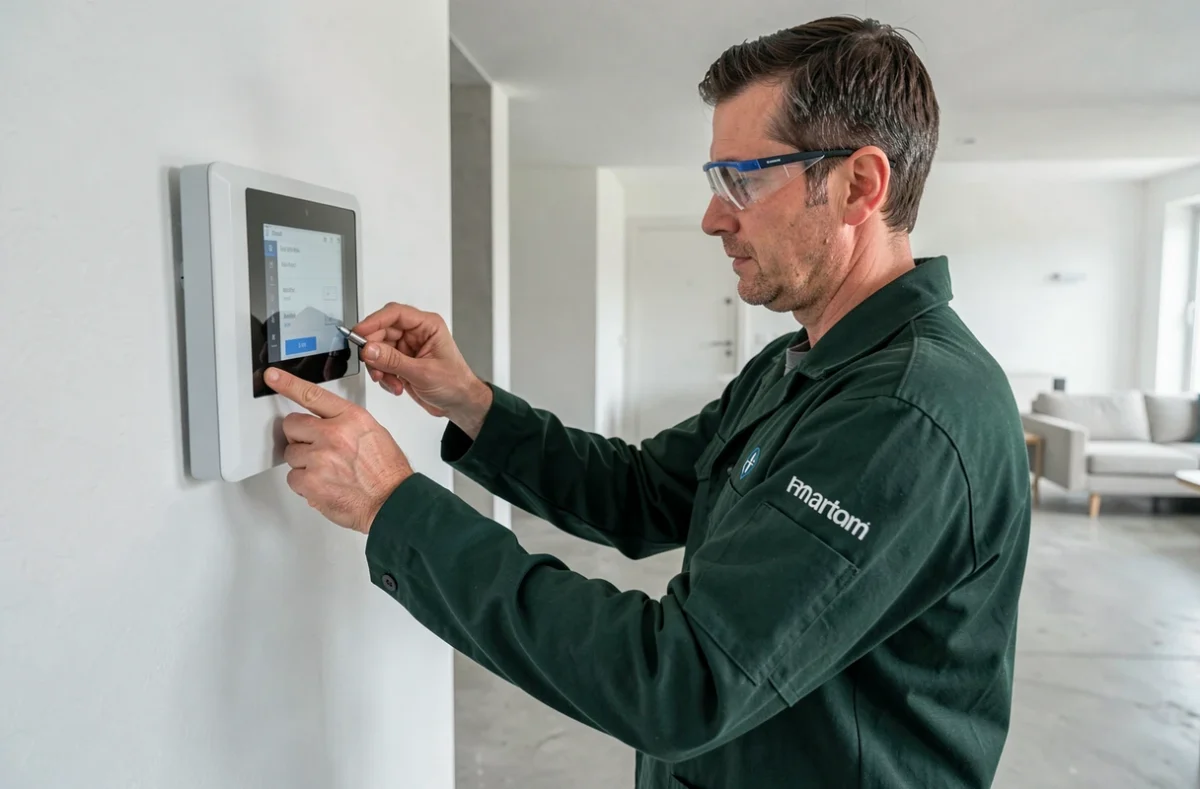 Technicien d'Oj Tech installant un panneau domotique moderne dans un intérieur rénové contemporain en Seine-Maritime