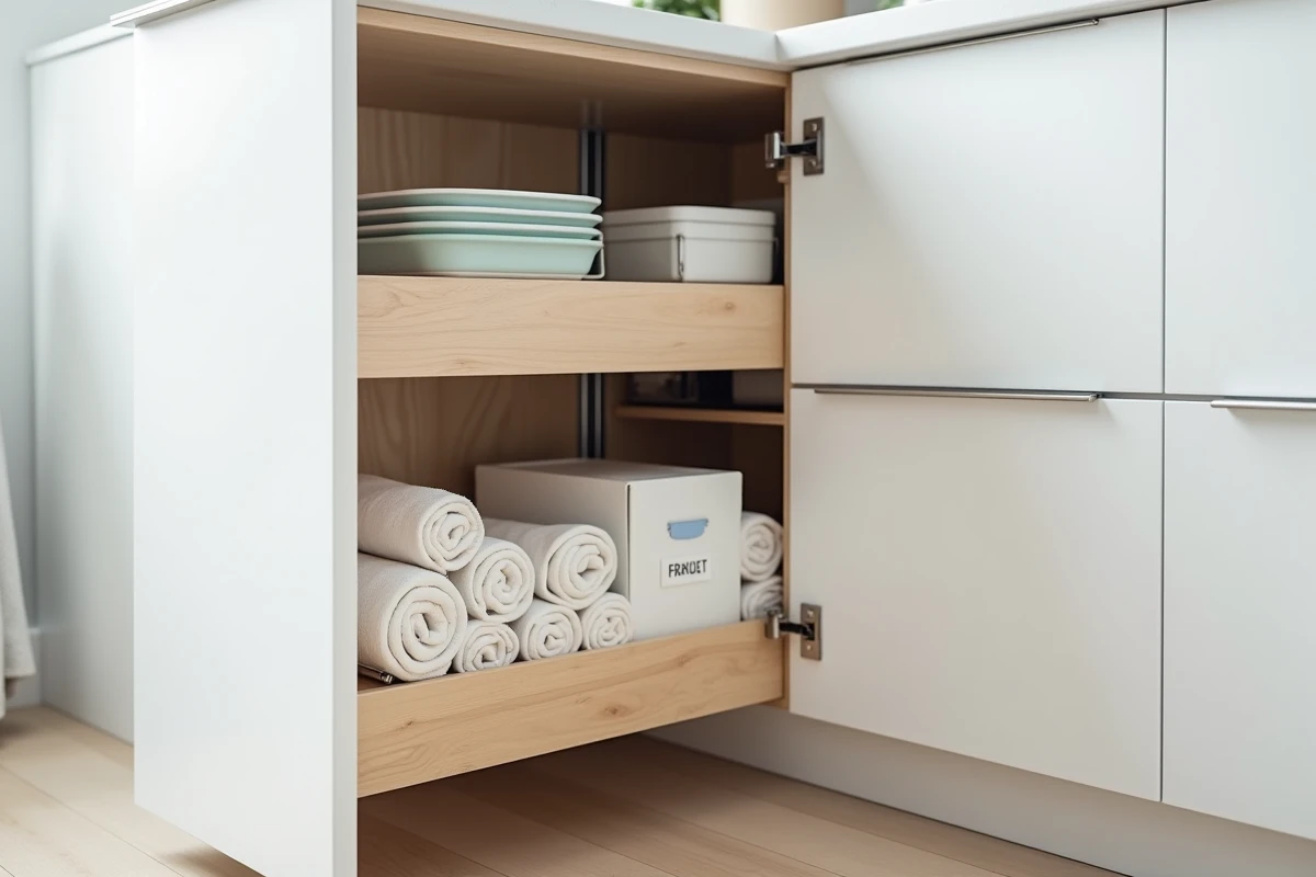 Intérieur d'un meuble d'angle de cuisine avec système coulissant optimisé pour maximiser le rangement dans un petit espace