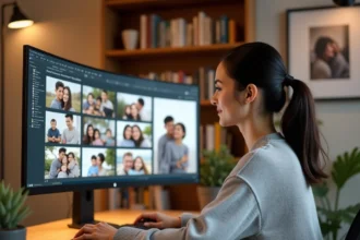 Femme organisant des albums photos numériques sur un grand écran dans un bureau à domicile