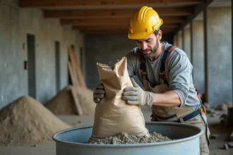 Ouvrier versant un sac de ciment de 25 kg dans une bétonnière sur un chantier de construction intérieur