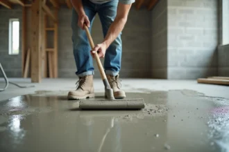 Ouvrier lissant un béton brut sol fraîchement coulé à l'aide d'une taloche dans une pièce en construction