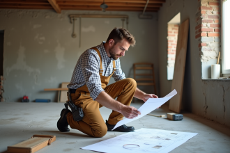 Ouvrier en rénovation examinant des plans dans une pièce en travaux