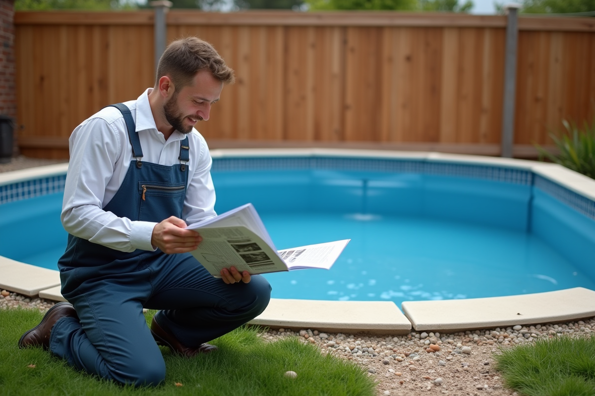 Ouvrier examinant un catalogue de couvertures de piscine