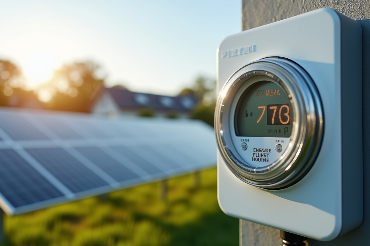 Panneaux solaires dans un champ avec compteur d energie