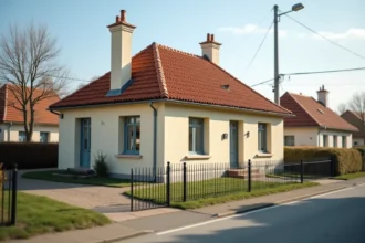 Pavillon individuel en banlieue française avec façade beige et jardin entretenu, illustrant les caractéristiques typiques d'un pavillon résidentiel